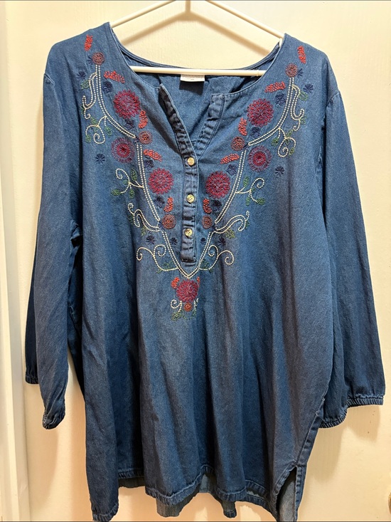 Accessories - Women's Blue Embroidered Denim Tunic - Floral Detail